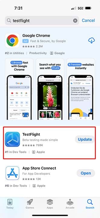 TestFlight install screen
